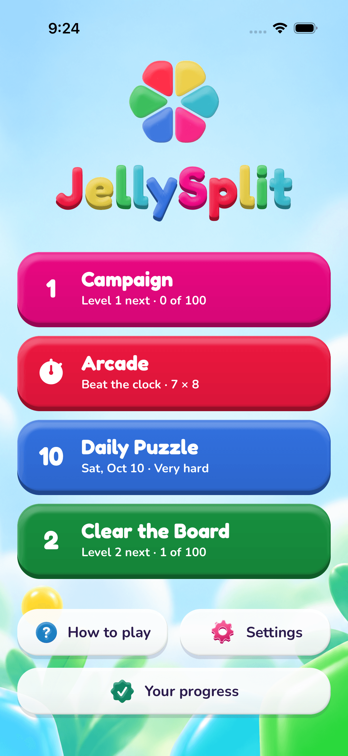JellySplit 2.0 home screen with Campaign, Arcade, Daily Puzzle, and Clear the Board