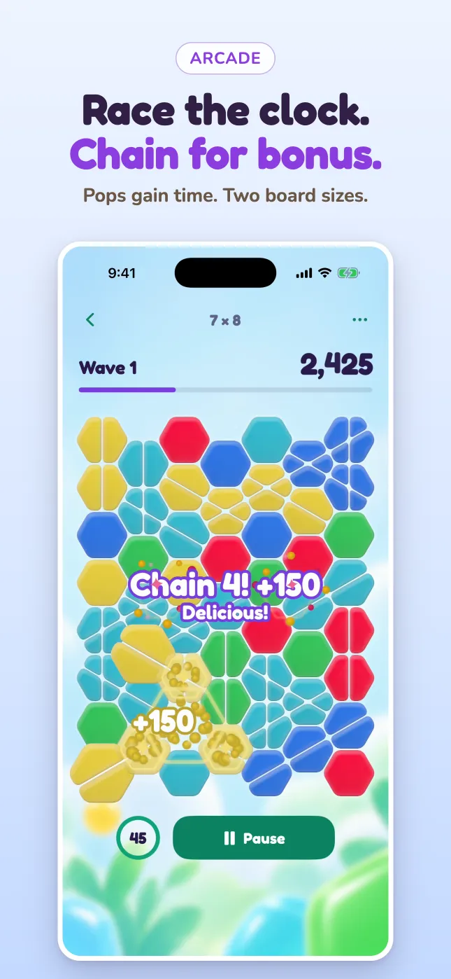 Arcade: race the clock. Pops gain time, on two board sizes.