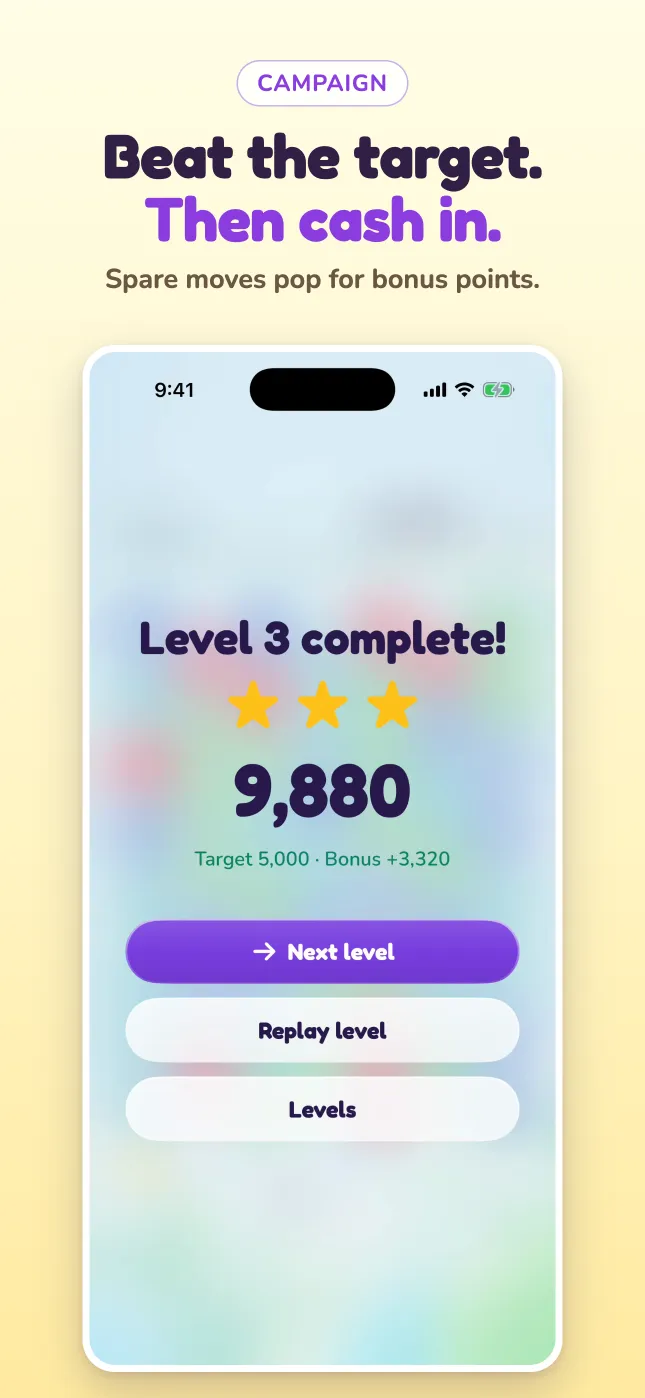 Campaign: beat the target, then spare moves pop for bonus points.