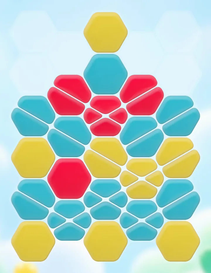 Clear the Board level 7: a hex board of yellow, blue and red jellies, one swap allowed
